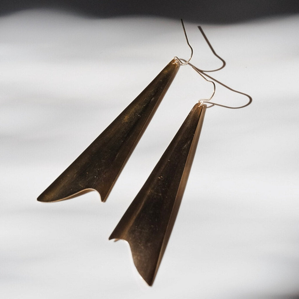 Elongated Brass Triangle Earrings