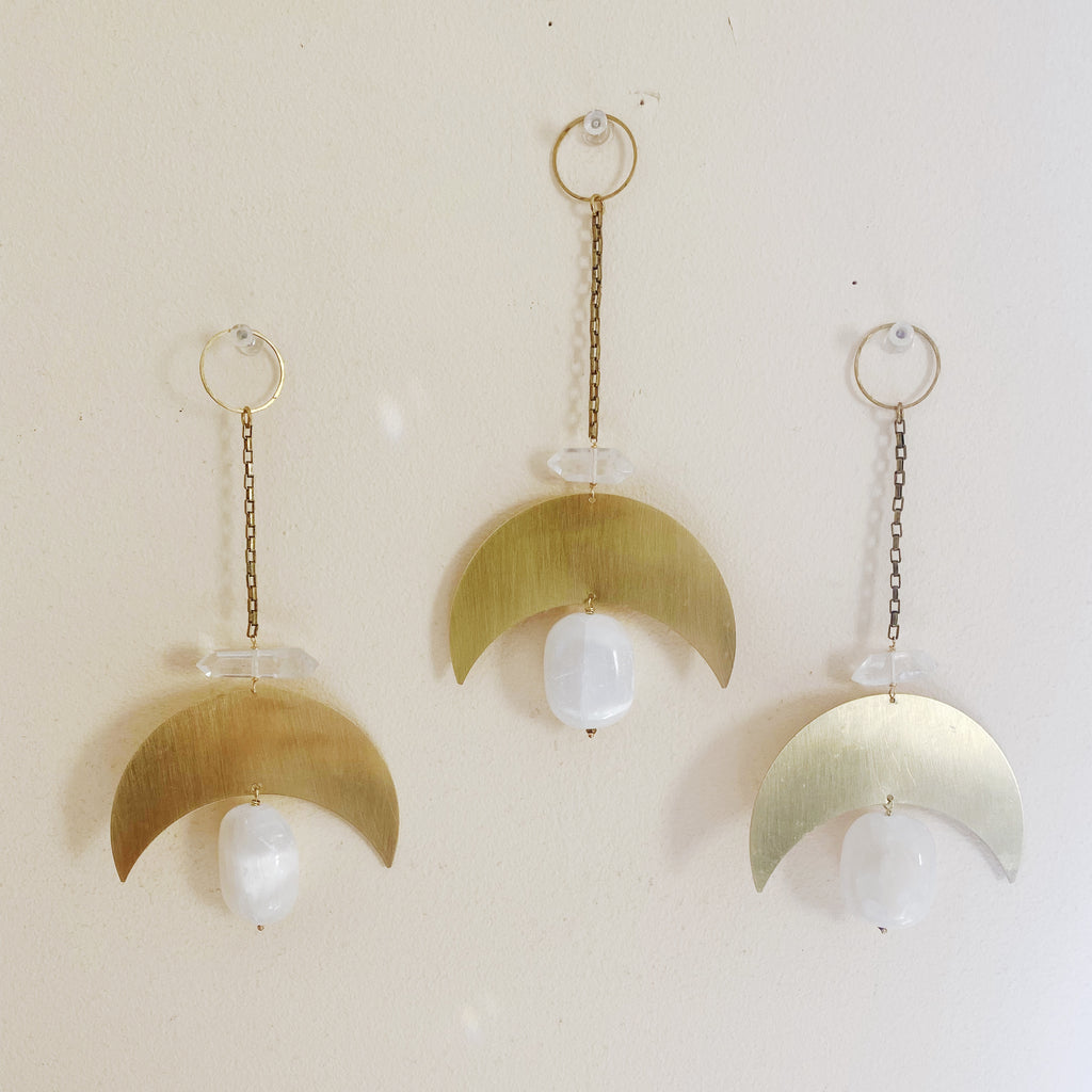 Mini Selenite and Brass Geometric  Wall Hanging