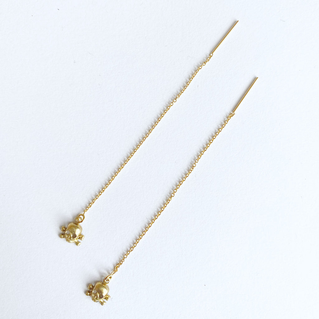 Tiny Skull Threader Earrings - 14 Karat Gold Fill and Brass