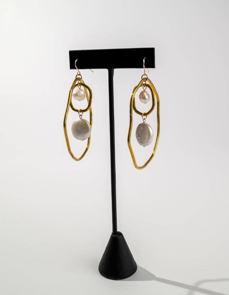 Organic Brass and Freshwater Pearl Drop Earrings